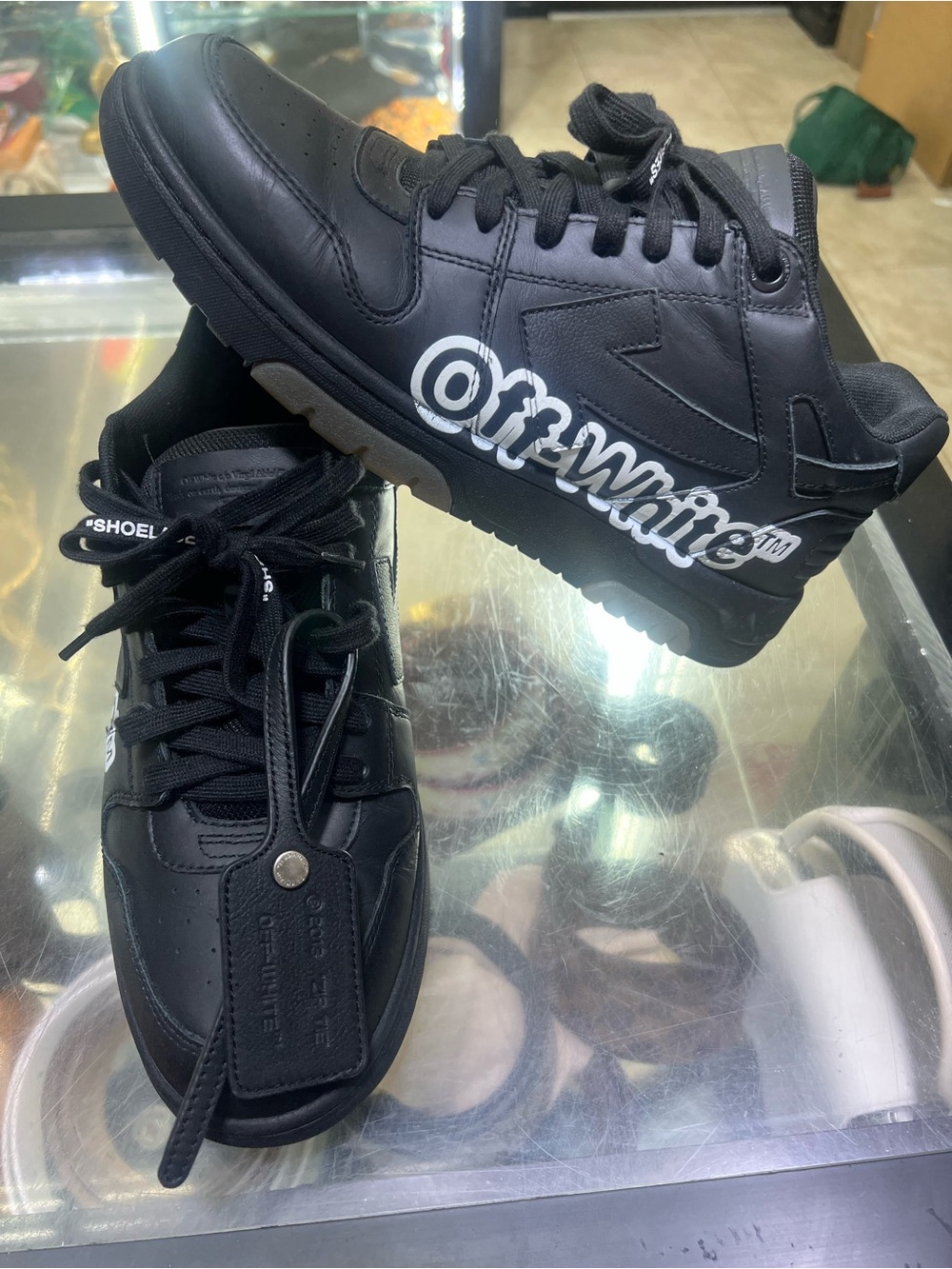 Off-White Out of Office Black Leather Low-Top Sneakers  Black Tag White Print